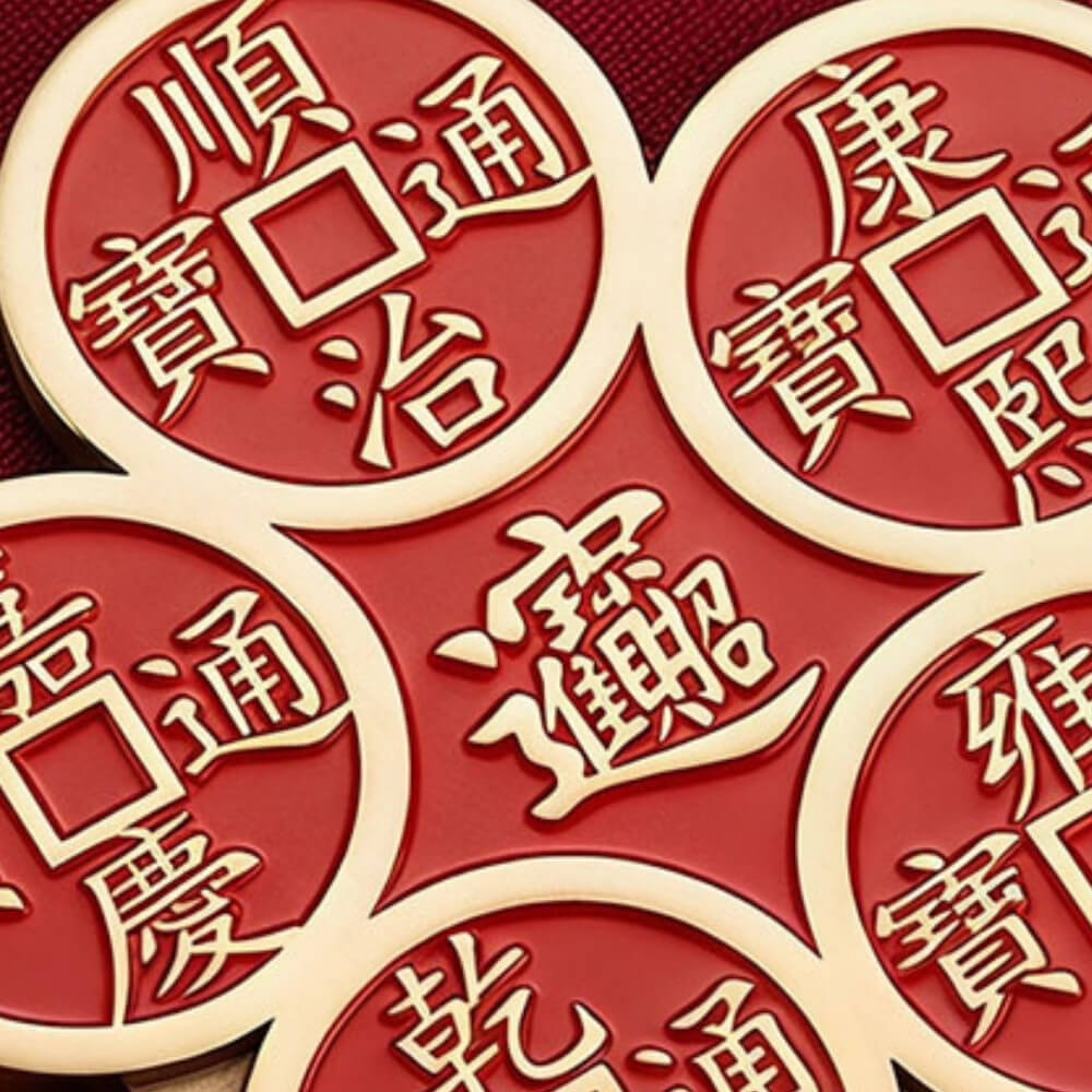 Double-sided brass plum blossom Five Emperor Coin door charm with traditional wealth and balance symbols