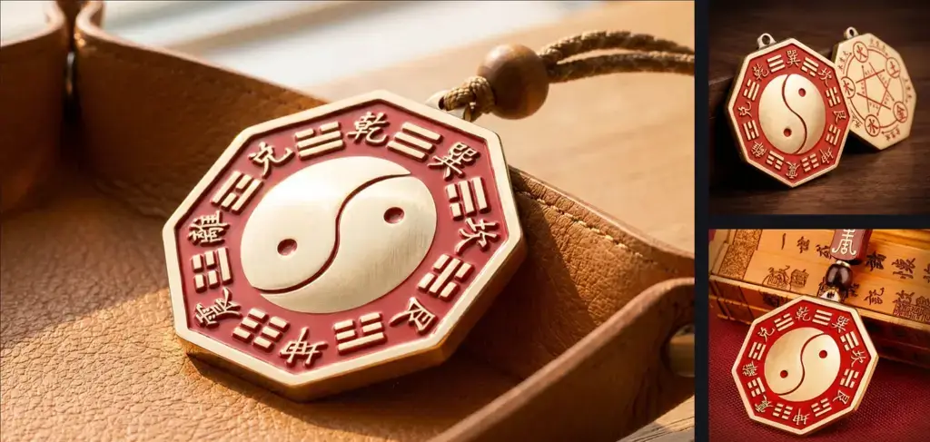 Daoism Light brass Five Elements Taiji Bagua mirror-style charm with double-sided design