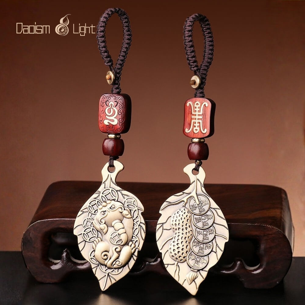 Daoism Light Brass Pixiu Five Emperor Coin Keychain for Daily Carry 6 Daoism Light brass Pixiu Pi Yao Five Emperor Coin leaf keychain for daily carry
