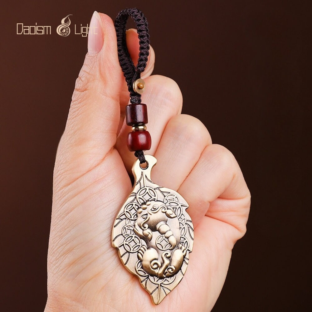 Daoism Light Brass Pixiu Five Emperor Coin Keychain for Daily Carry 4 brass Pixiu Pi Yao Five Emperor Coin leaf keychain for daily carry