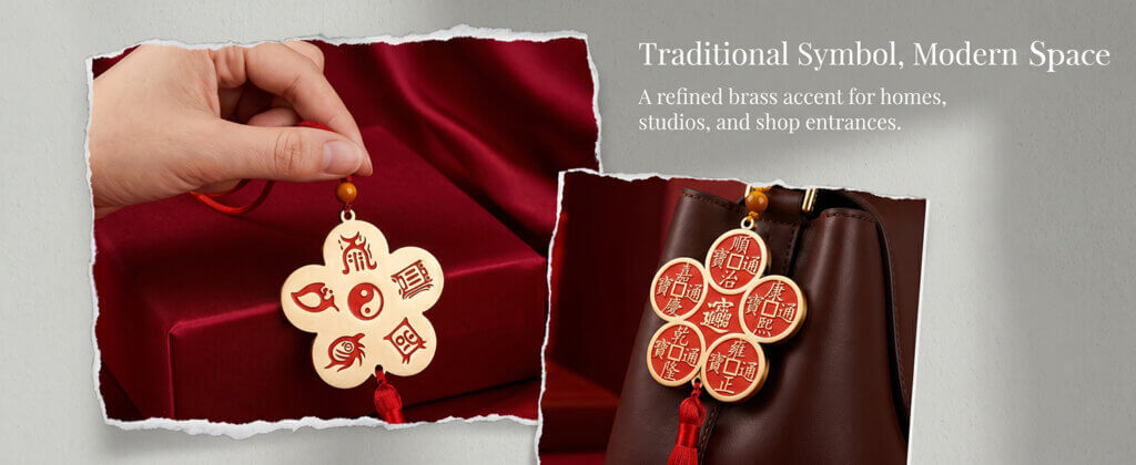 Double-sided Chinese door decor with wealth symbol and Five Sacred Mountains pattern
