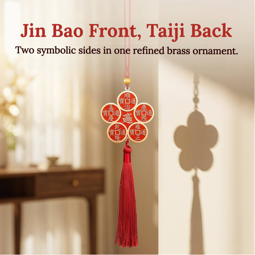 Double-sided Chinese door decor with wealth symbol and Five Sacred Mountains pattern