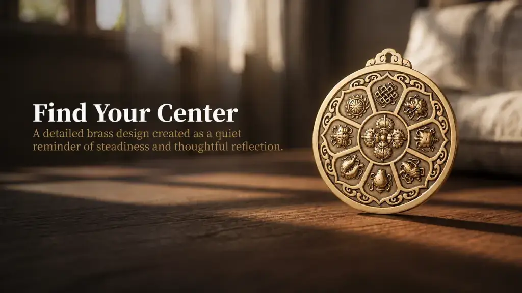 Reverse of brass Zodiac Bagua pendant with crossed Vajra and Eight Auspicious motifs