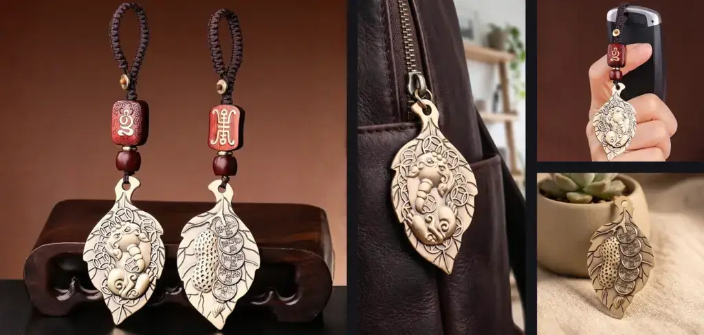 Daoism Light brass Pixiu and Five Emperor Coins leaf-shaped hanging charm