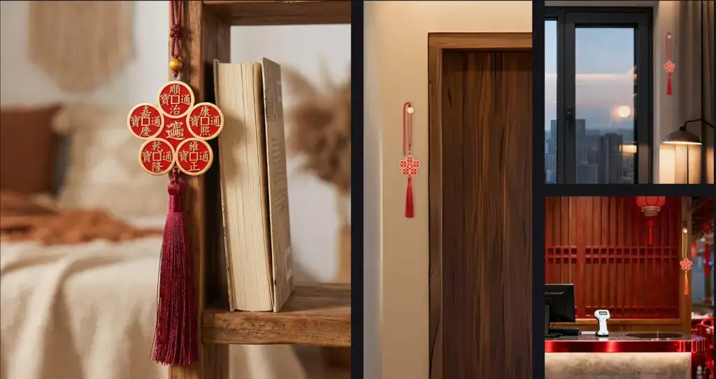 Daoism Light brass plum blossom Five Emperor Coin door decor with cinnabar fill and tassel