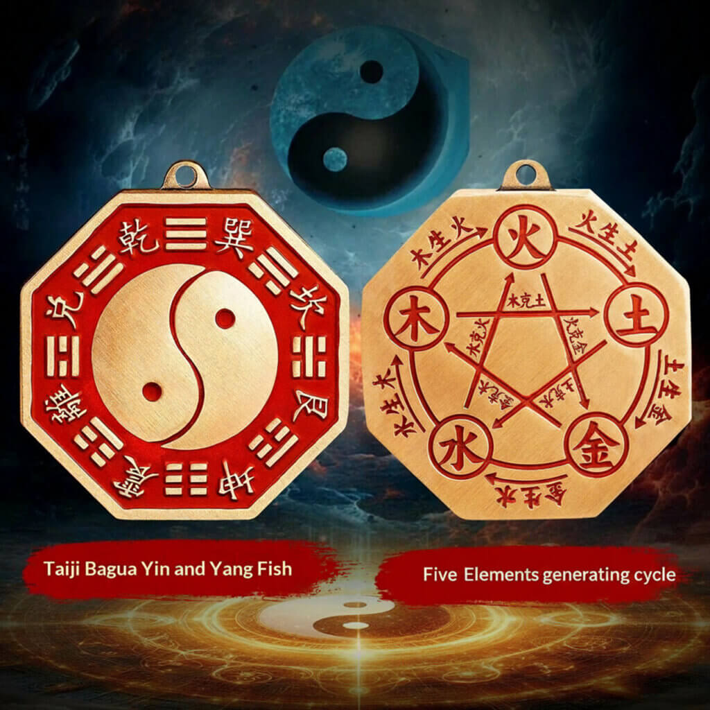 Double-sided octagonal brass Taiji Bagua and Five Elements charm