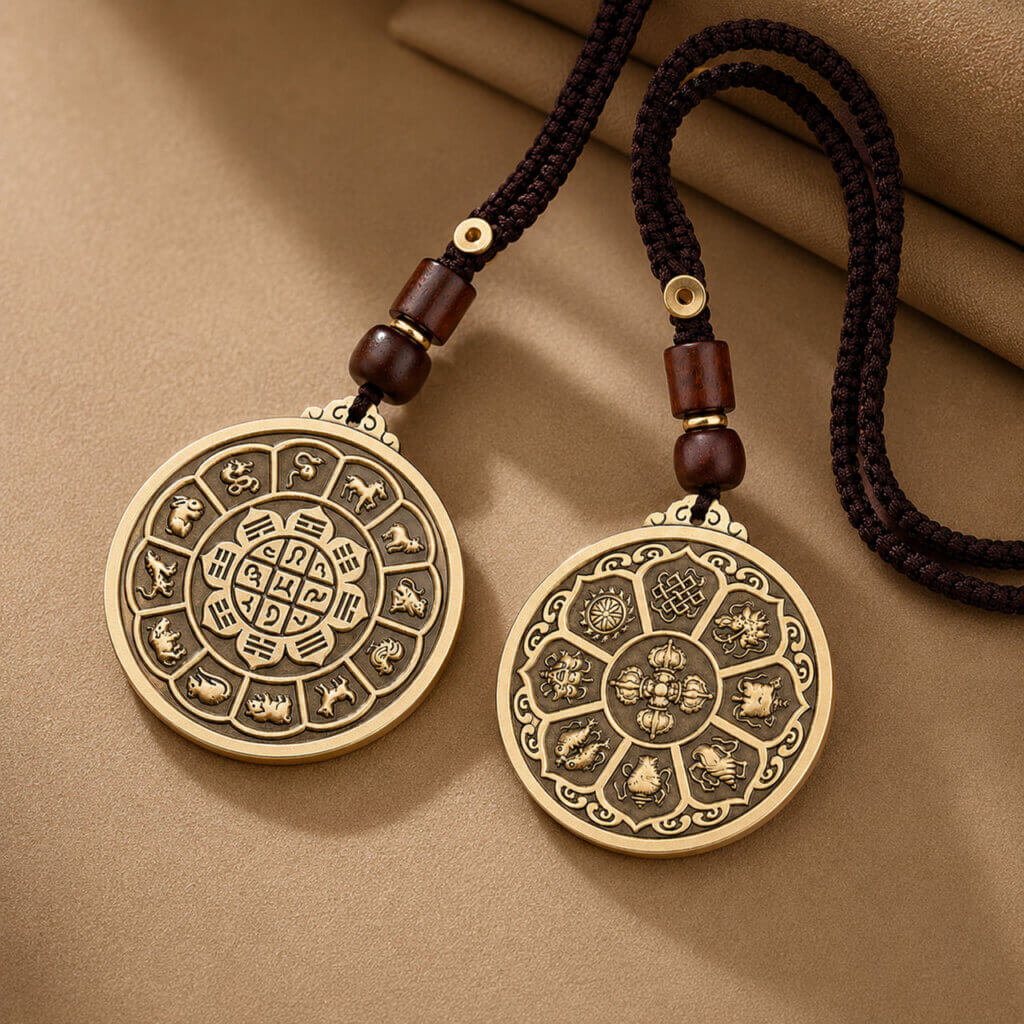 Daoism Light solid brass Zodiac Bagua Vajra pendant charm
