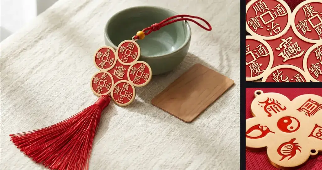 Front of brass plum blossom decor with five coin motifs and cinnabar-filled engraving