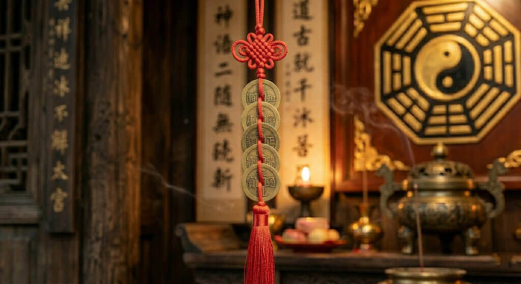 Five Emperor Coins charm hanging near a modern home entrance as feng shui decor