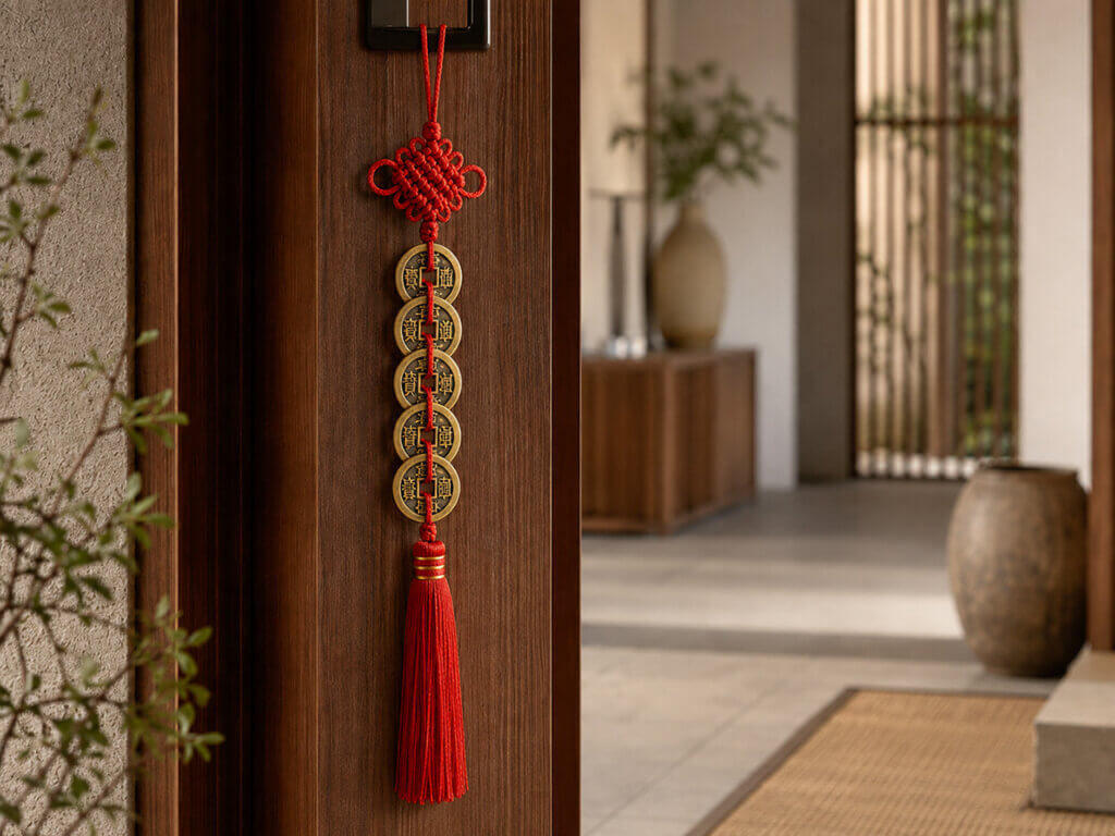 Five Emperor Coins charm hanging near a modern home entrance as feng shui decor