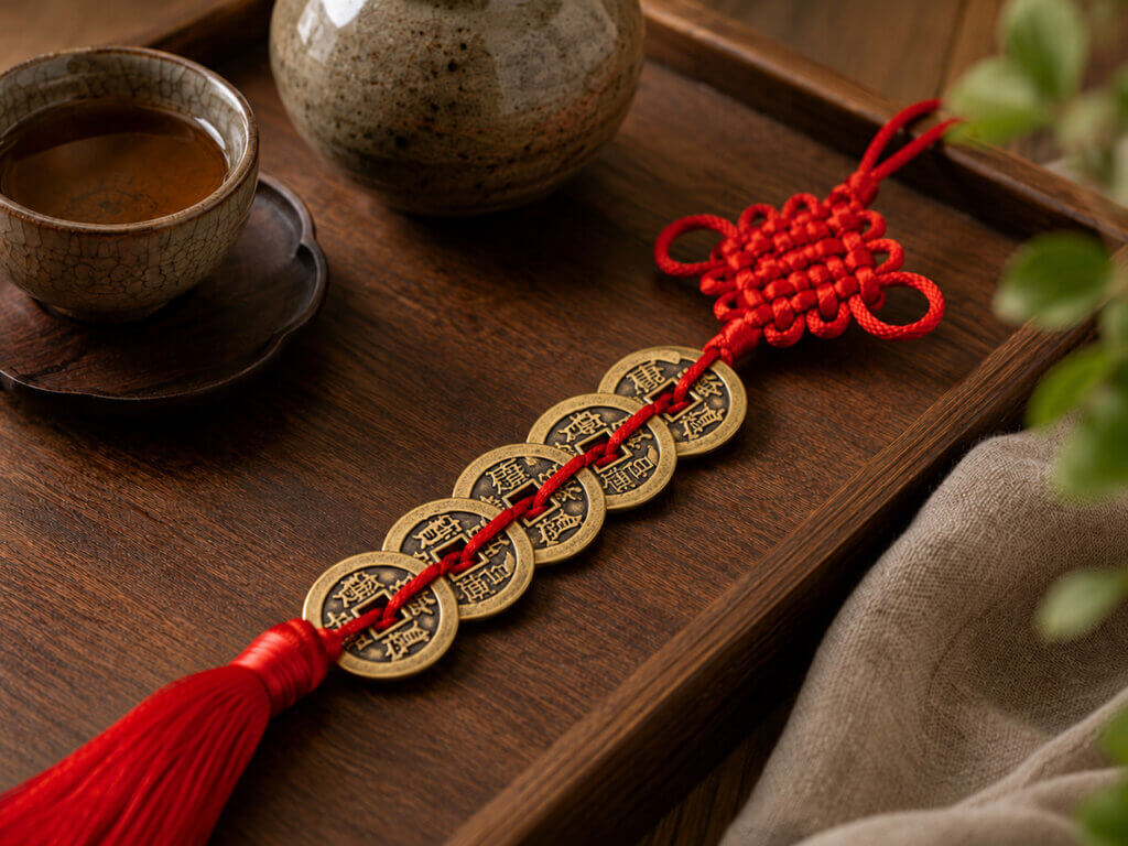 Five Emperor Coins charm hanging near a modern home entrance as feng shui decor
