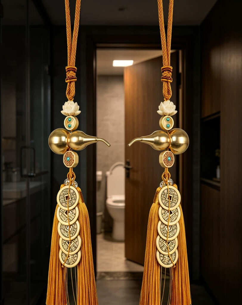 Five Emperor Coins charm hanging near a modern home entrance as feng shui decor