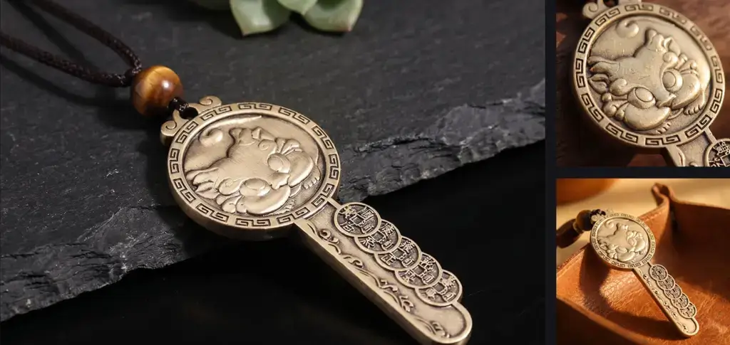 Close-up of engraved details on a solid brass Pixiu key charm