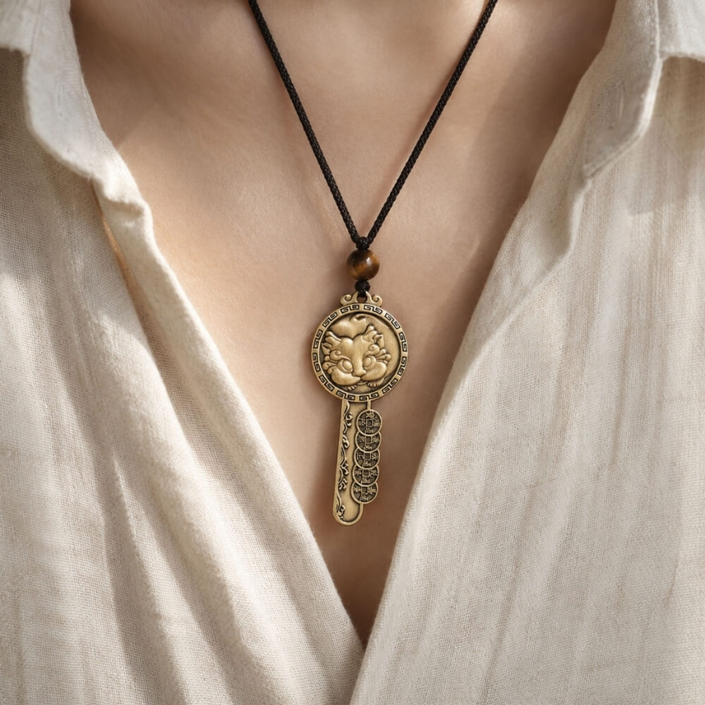 Solid brass Pixiu key pendant with Chinese symbolic design