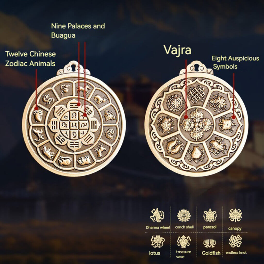 Daoism Light solid brass Zodiac Bagua Vajra pendant charm