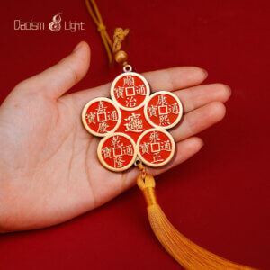 Double-sided brass plum blossom Five Emperor Coin door charm with traditional wealth and balance symbols