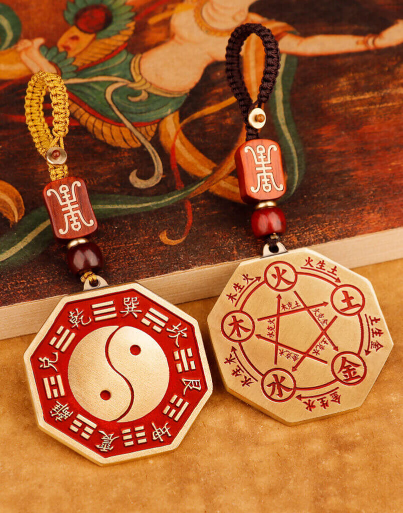 Double-sided octagonal brass Taiji Bagua and Five Elements charm