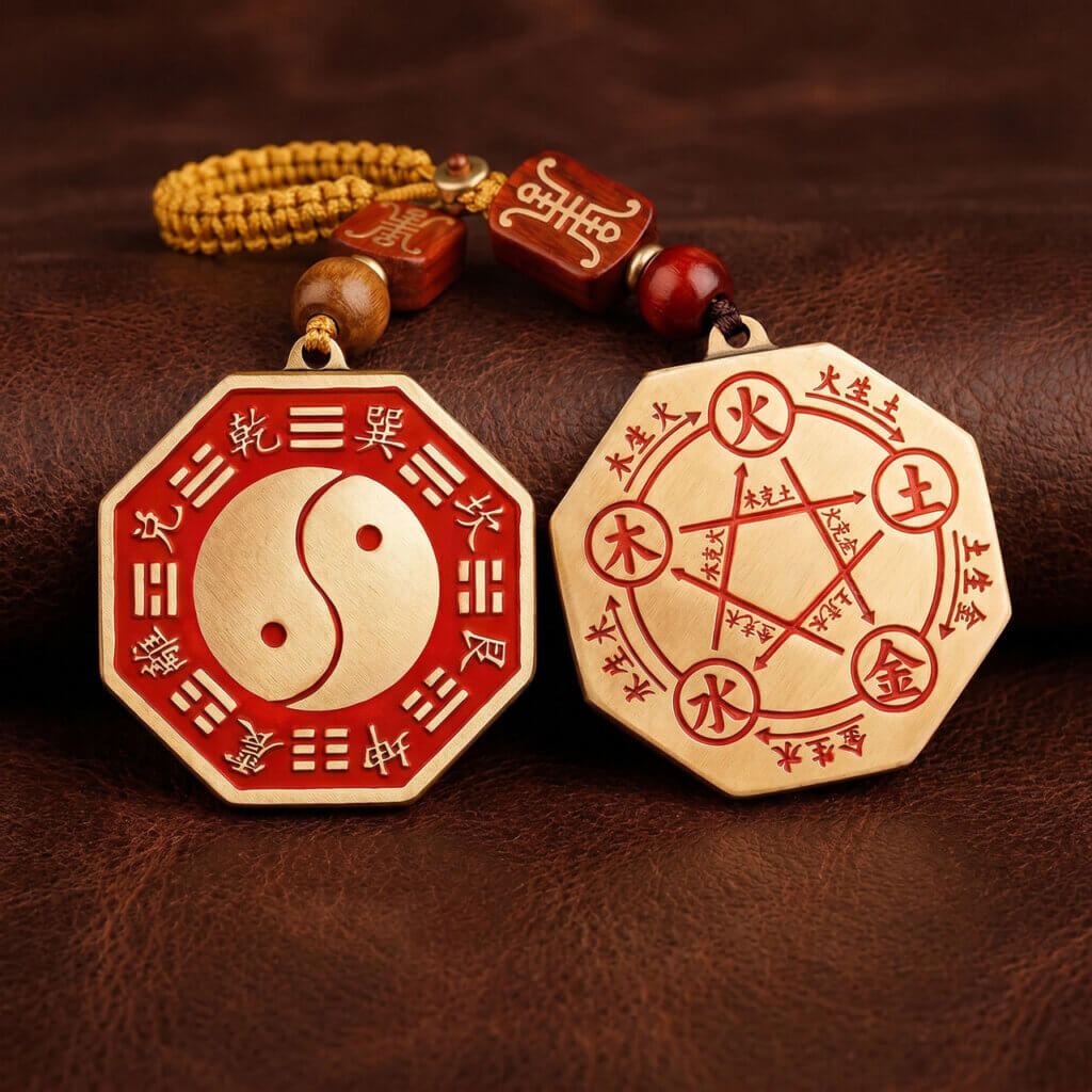 Double-sided octagonal brass Taiji Bagua and Five Elements charm