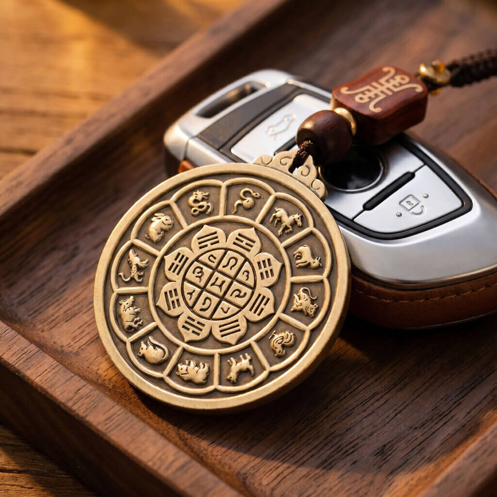 Daoism Light solid brass Zodiac Bagua Vajra pendant charm