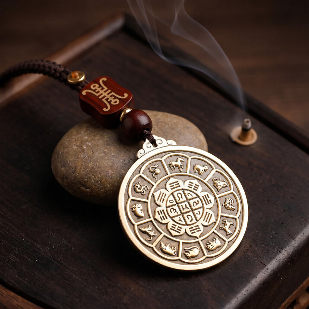 Daoism Light solid brass Zodiac Bagua Vajra pendant charm