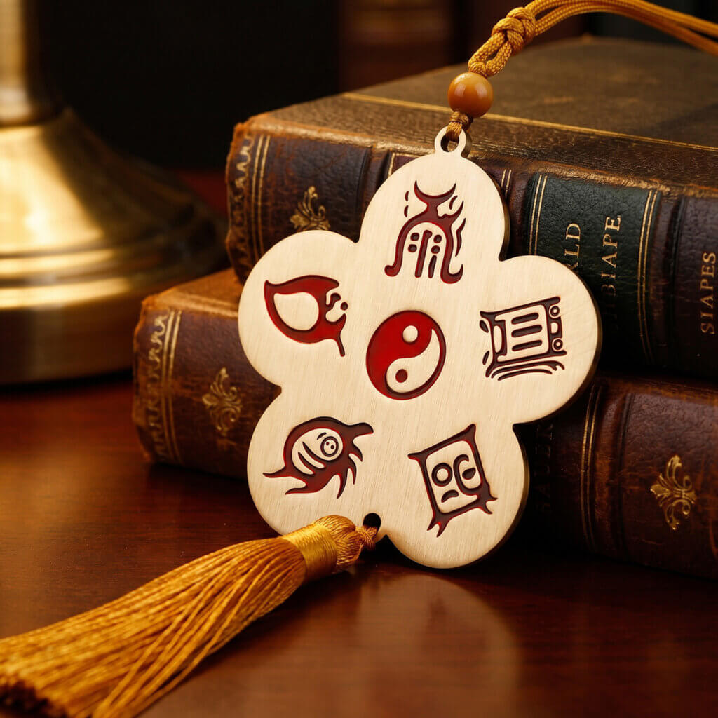 Wu Yue Zhen Xing Tu brass charm inspired by Daoist mountain symbolism and home decor