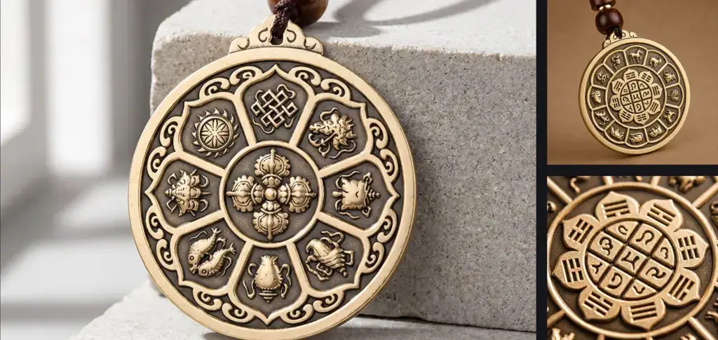 Close-up of engraved details on brass Zodiac Bagua Vajra pendant