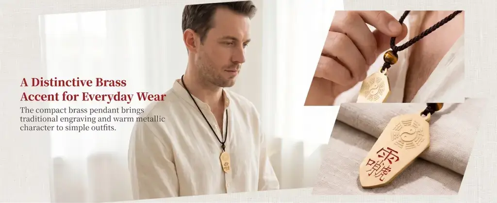 Man wearing a Daoism Light brass Lei Zu Bagua pendant with a braided cord