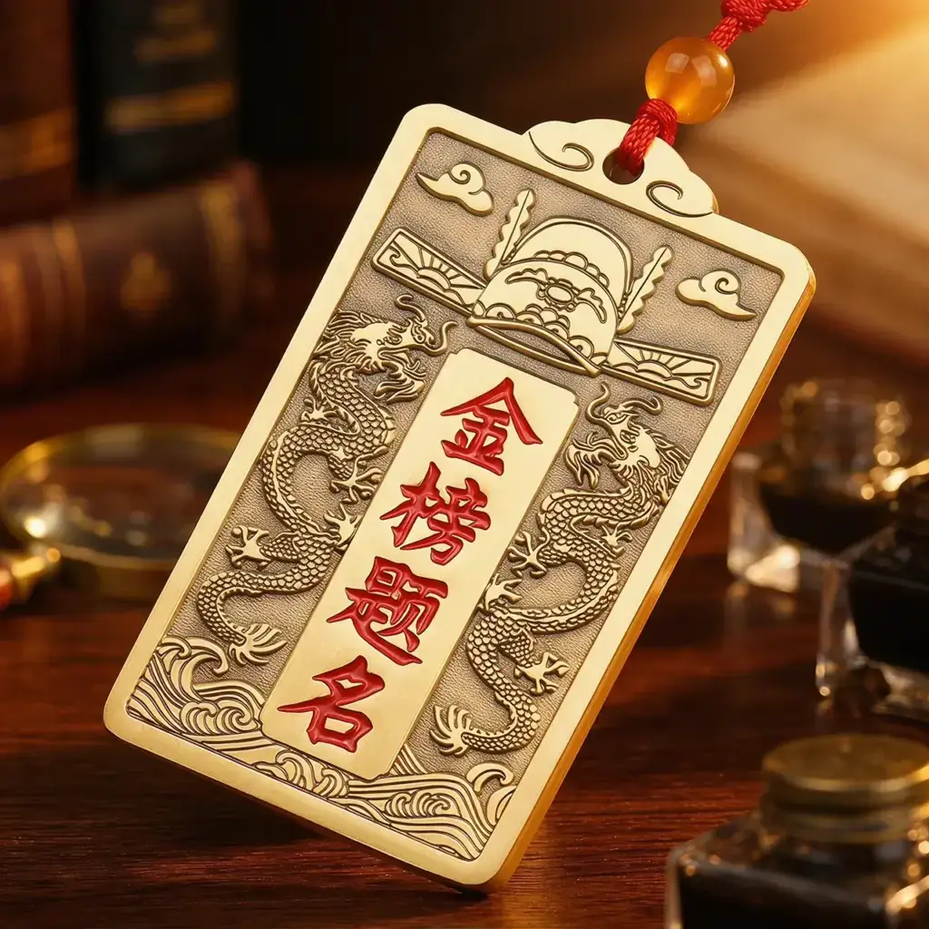 Daoism Light brass scholar success hanging ornament with Jin Bang Ti Ming inscription