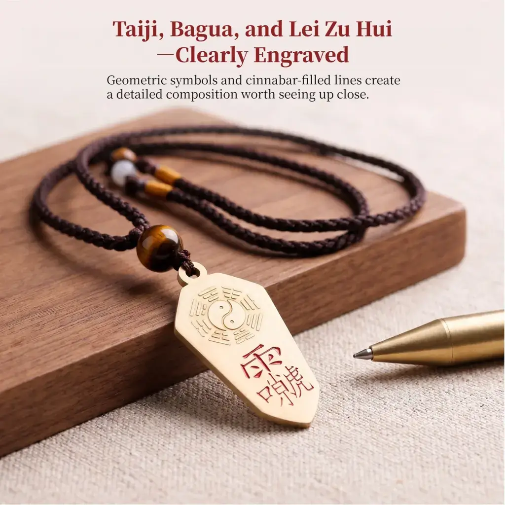 Close-up of a brass Lei Zu Bagua pendant with Taiji motif and cinnabar-filled Lei Zu Hui Symbol