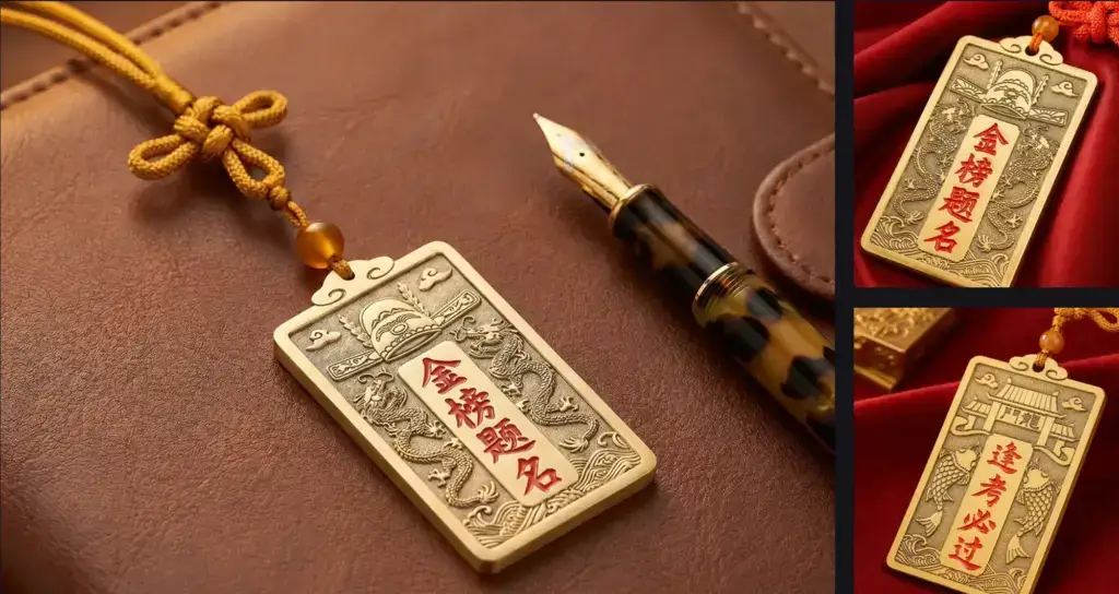 Daoism Light brass scholar success hanging ornament with Jin Bang Ti Ming inscription