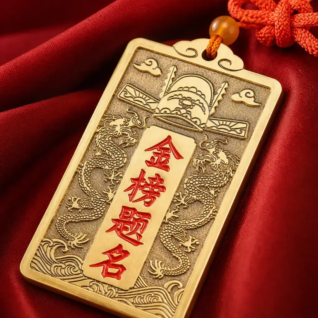 Daoism Light brass scholar success hanging ornament with Jin Bang Ti Ming inscription