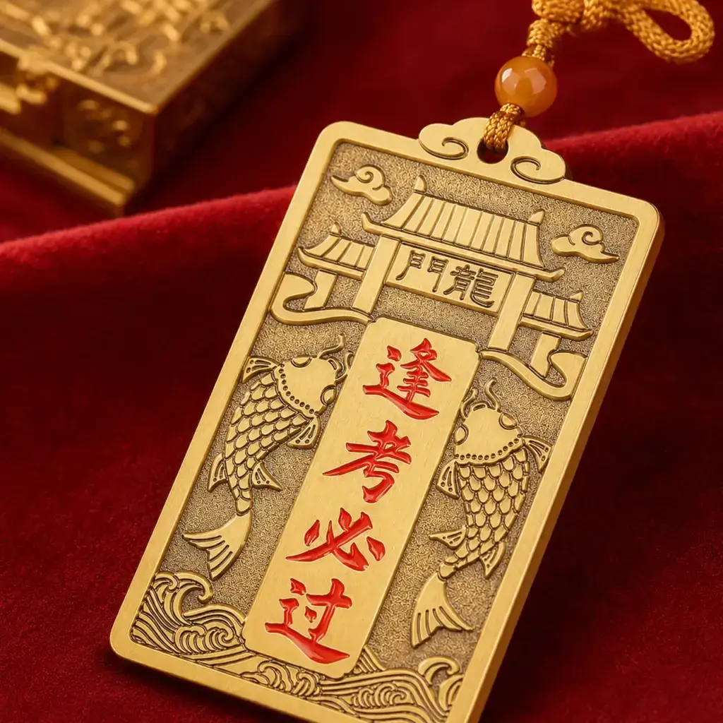 Daoism Light brass scholar success hanging ornament with Jin Bang Ti Ming inscription