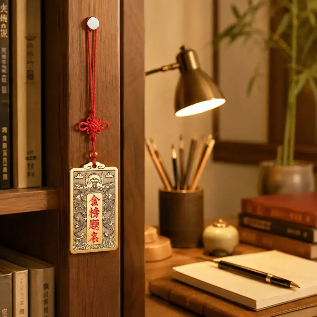 Brass study room hanging decor with red-filled Chinese characters