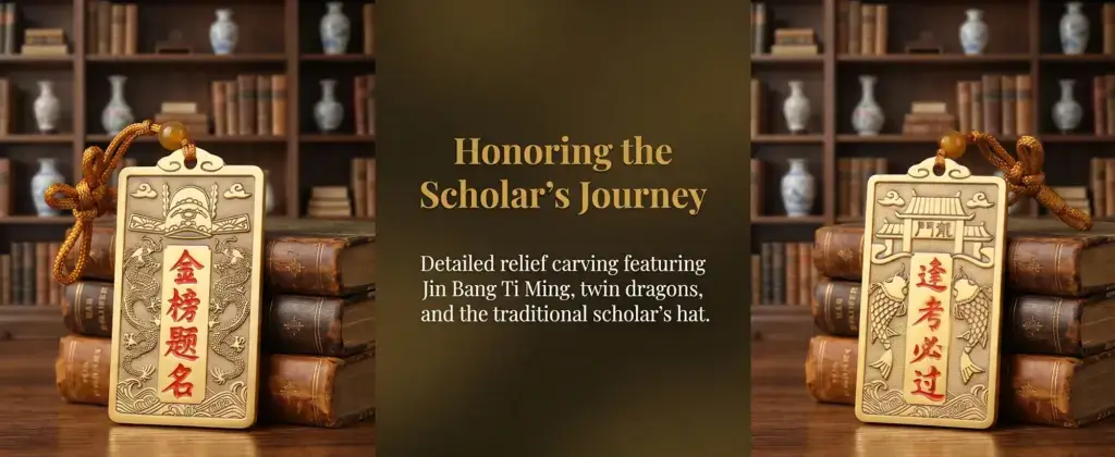 Daoism Light brass scholar success hanging ornament with Jin Bang Ti Ming inscription