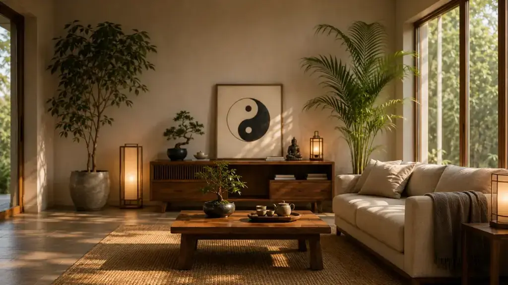 Daoist Feng Shui home decor showing balanced space, natural light, and Daoist-inspired accents