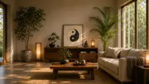 Daoist Feng Shui home decor showing balanced space, natural light, and Daoist-inspired accents