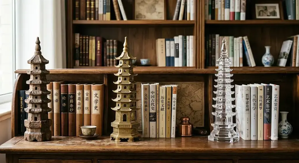 What Does the Wen Chang Pagoda Symbolize: bronze Wen Chang Pagoda representing study focus and scholarly growth on a wooden desk