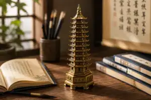 What Does the Wen Chang Pagoda Symbolize: bronze Wen Chang Pagoda representing study focus and scholarly growth on a wooden desk