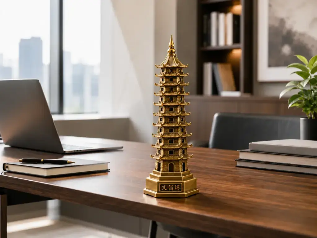 What Does the Wen Chang Pagoda Symbolize: bronze Wen Chang Pagoda representing study focus and scholarly growth on a wooden desk
