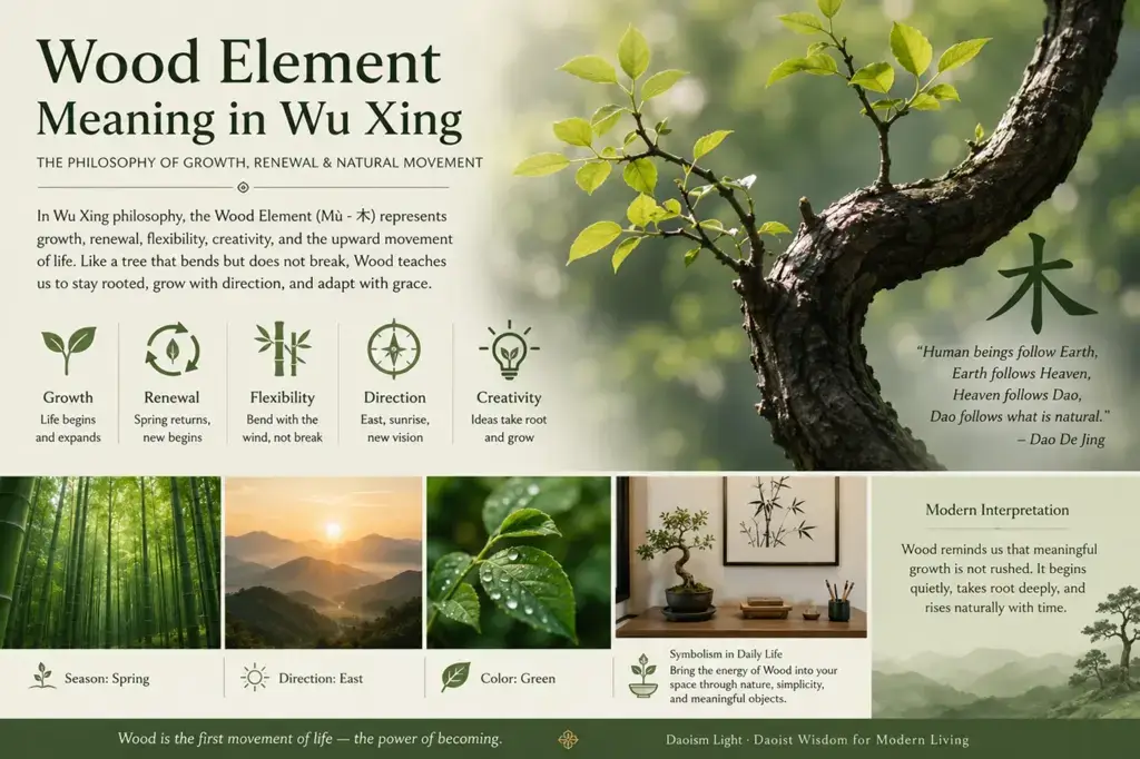 Wood phase meaning in Traditional Chinese philosophy represented through spring growth and natural renewal
