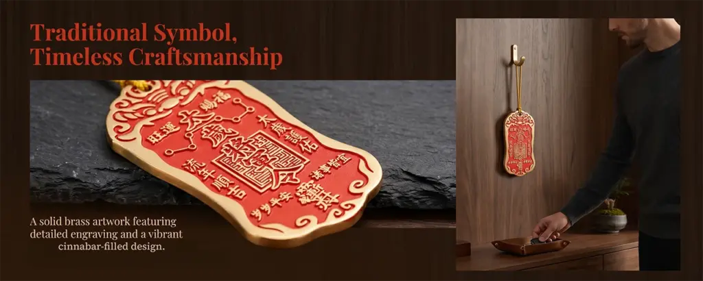 Close up of Taisui General Decree brass charm with red cinnabar-filled artwork