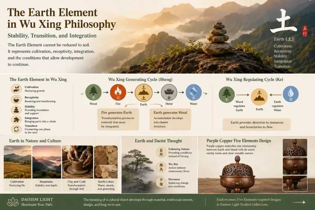 Earth Element Meaning in Wu Xing Philosophy represented through mountains, natural textures, and Five Elements symbolism