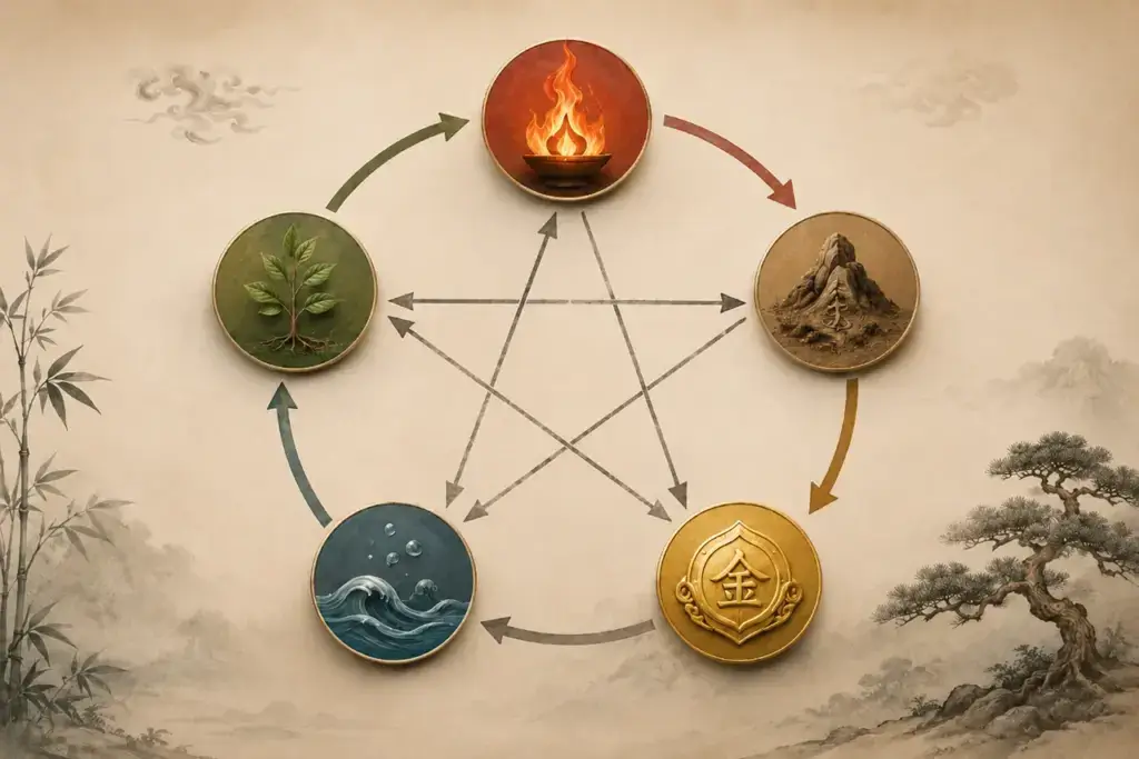 Metal Element relationship in the Wu Xing cycle showing Earth generating Metal, Metal generating Water, and Metal controlling Wood