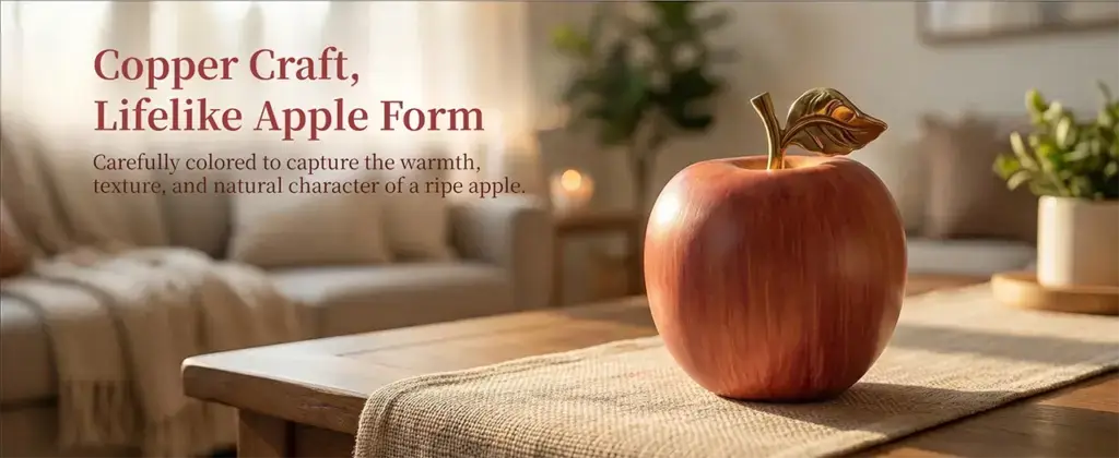 Realistic copper apple ornament displayed on a living room