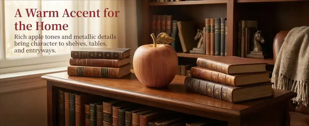 Realistic copper apple ornament displayed on a home office desk