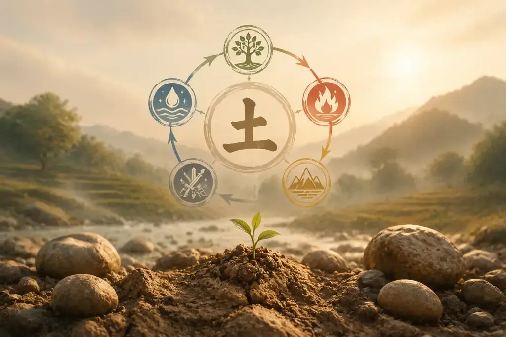 Wu Xing Earth Element cycle showing Fire generating Earth, Earth generating Metal, Wood regulating Earth, and Earth regulating Water