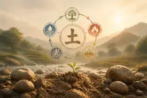 Wu Xing Earth Element cycle showing Fire generating Earth, Earth generating Metal, Wood regulating Earth, and Earth regulating Water