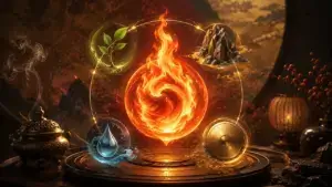 Fire Element Meaning in Wu Xing shown through warm red light, Yin and Yang Fire symbolism, and Daoist-inspired decor