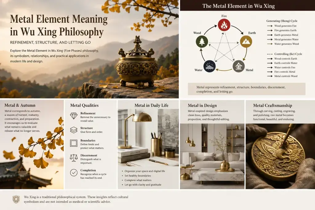 Metal Element Meaning in Wu Xing Philosophy illustrated through the Five Phases cycle, autumn symbolism, and refined metal craftsmanship
