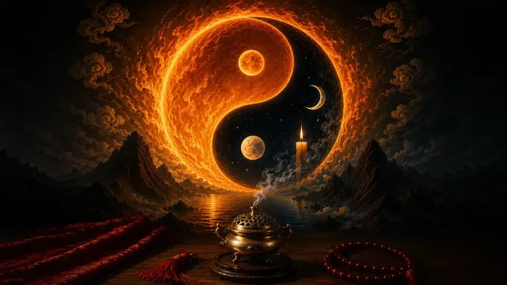 Yin Fire vs Yang Fire in Wu Xing philosophy shown as sunlight and candlelight